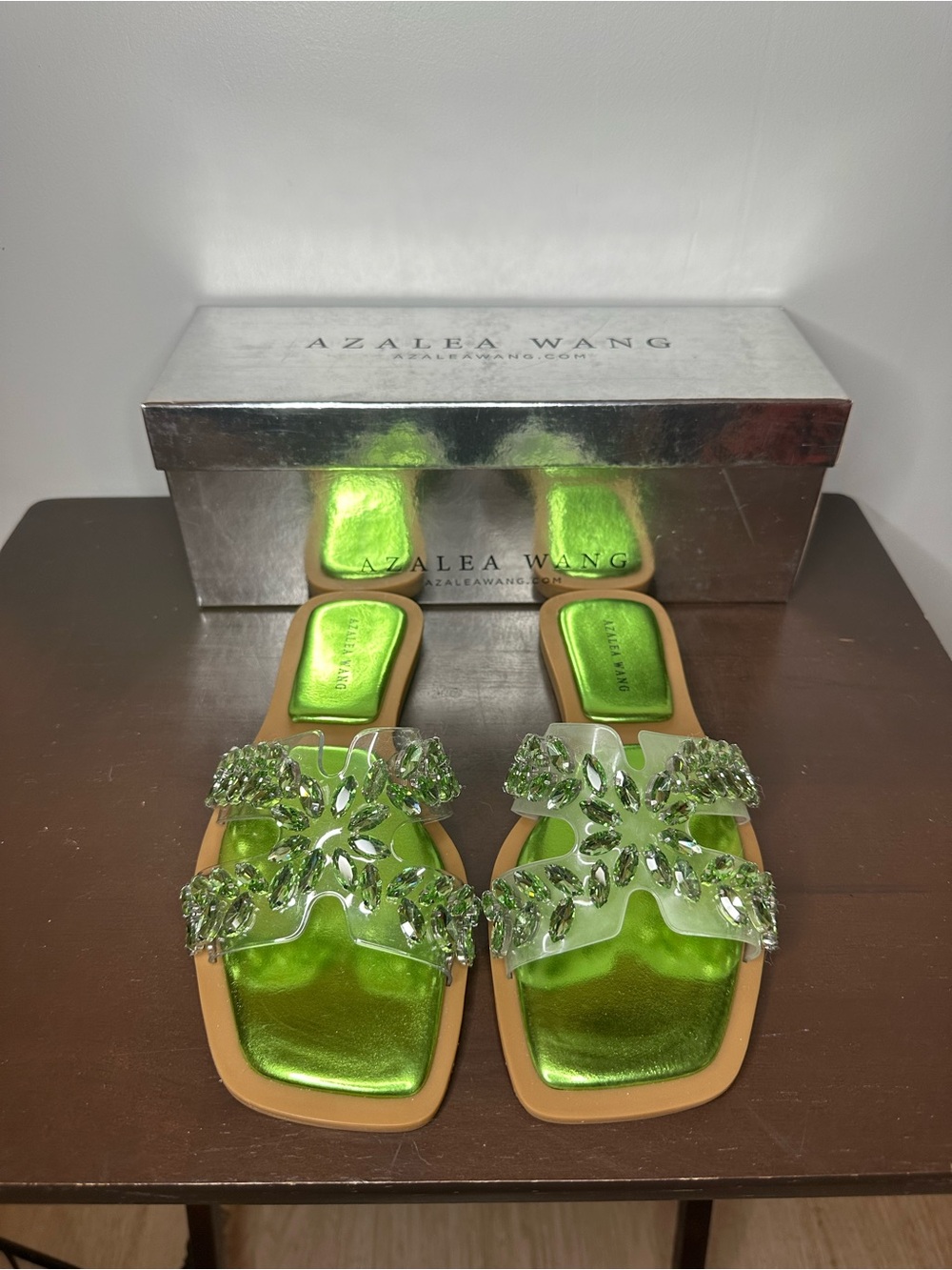 Azalea Wang Women’s Green Jeweled Slide Sandals